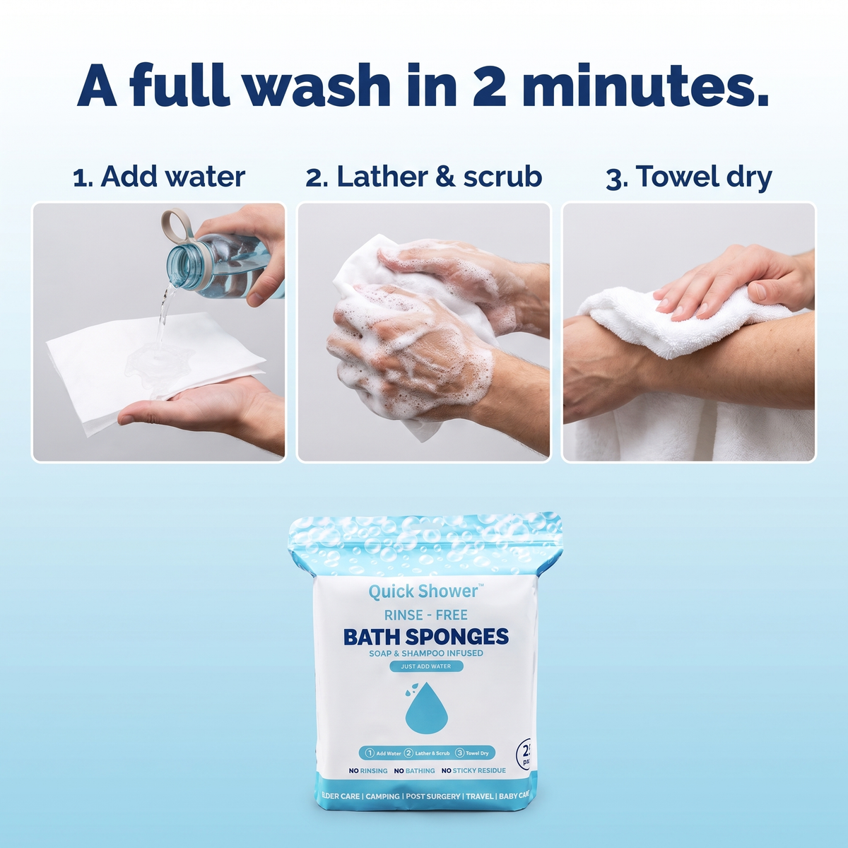 A full wash in 2 minutes: add water, lather and scrub, towel dry