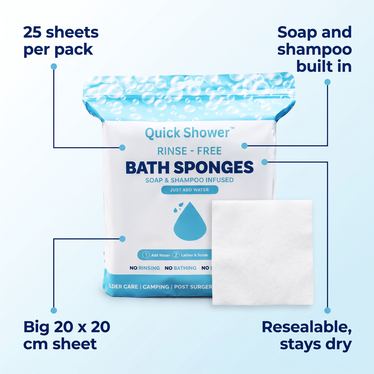 25 sheets per pack, soap and shampoo built in, 20 x 20 cm sheets, resealable