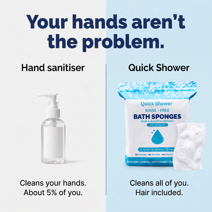 Hand sanitiser cleans your hands, Quick Shower cleans all of you
