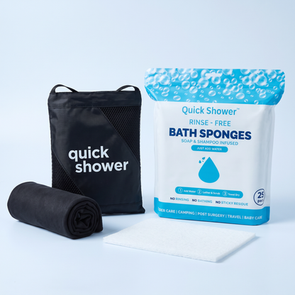 Quick Shower towel with Quick Shower rinse-free bath sponges