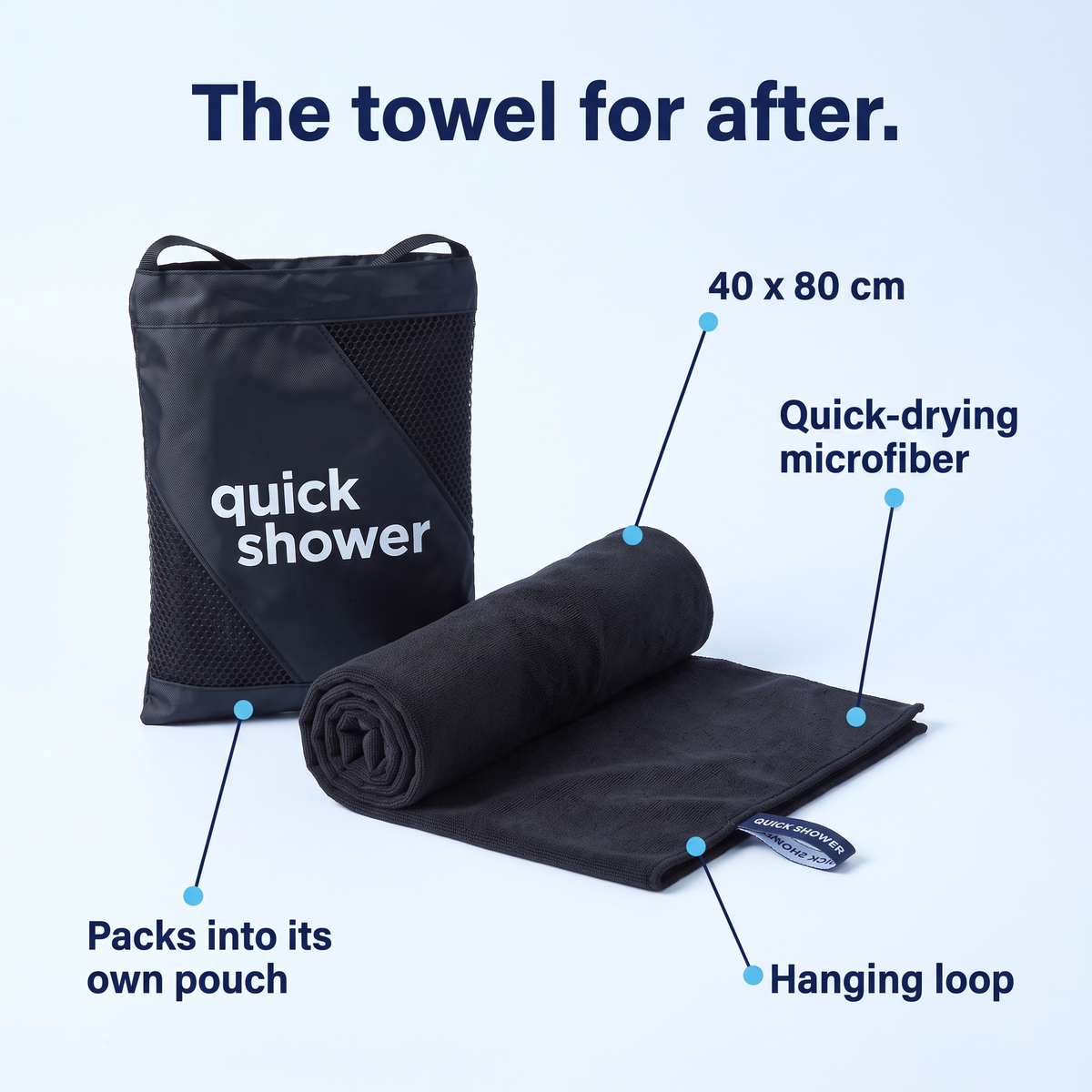 40 x 80 cm quick-drying microfiber towel with hanging loop that packs into its own pouch