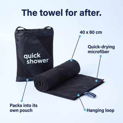 40 x 80 cm quick-drying microfiber towel with hanging loop that packs into its own pouch