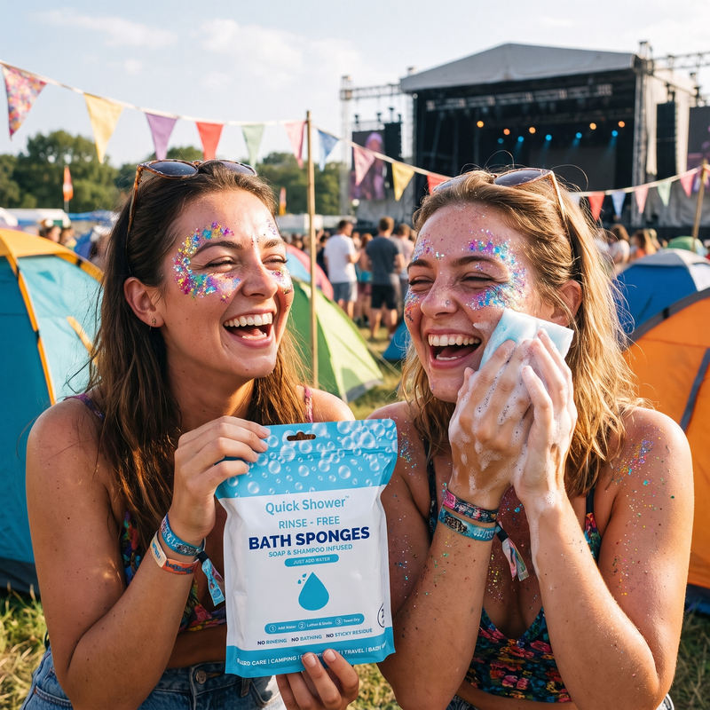 Friends freshening up at a festival with Quick Shower