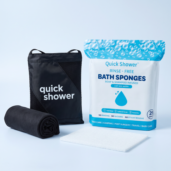 Quick Shower towel with Quick Shower bath sponges